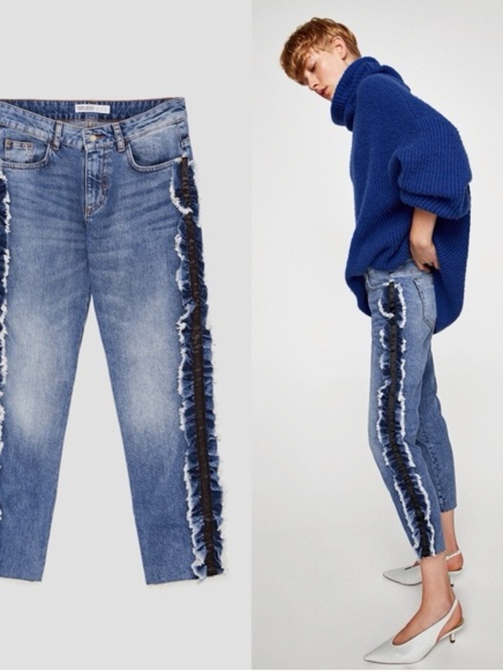 Zara Blue Ankle Jeans with Black Frayed Side Ruffles